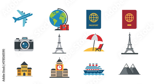 Travel icons set: world travel, landmarks, transport, and adventure symbols