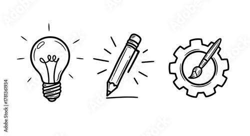 Creative tools and innovation: light bulb, pencil, and gear doodle design