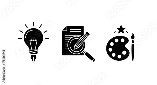 Creative process icons: innovation, analysis, art in minimalist design