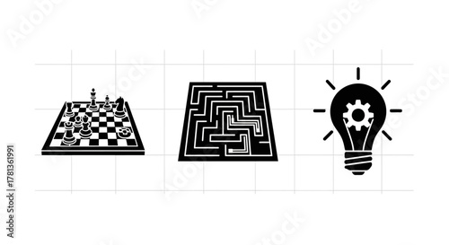 Creative problem solving icons: chessboard, maze, lightbulb with gear in modern silhouette