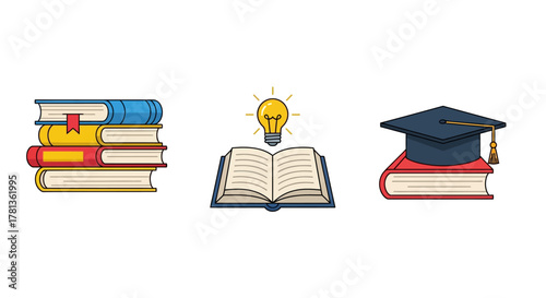 Educational icons: book stack, open book with lightbulb, graduation cap