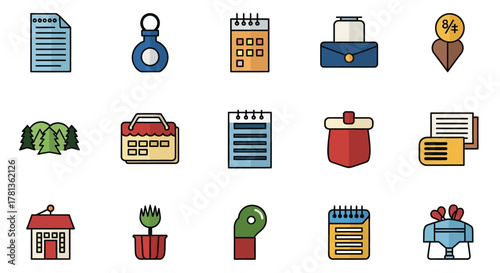 Colorful flat icons of office supplies and everyday objects