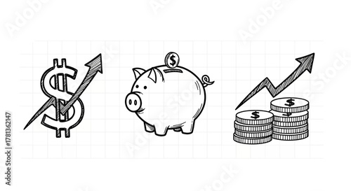 Hand-drawn financial growth icons: dollar sign, piggy bank, and coin stack