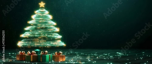 Digital christmas tree made of glowing optical fibers spinning with presents underneath