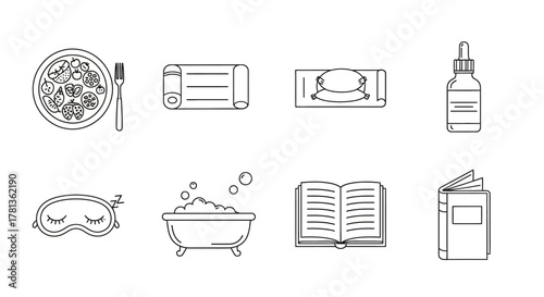 Essential elements for relaxation and wellness: minimalist outline icons of self-care practices