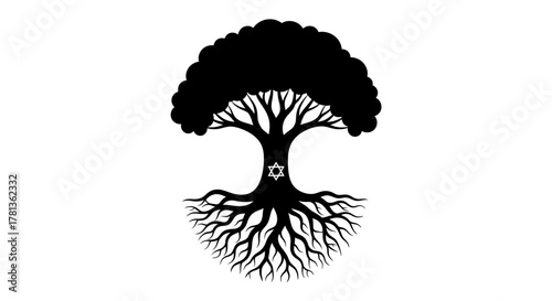 Silhouette tree of life with roots and star emblem on white background