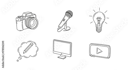 Hand drawn media icons: camera, microphone, light bulb, pencil, monitor, play button