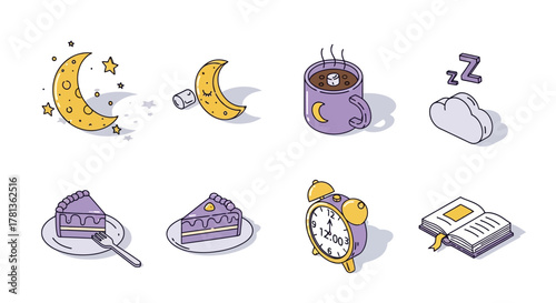 Charming nighttime symbols in whimsical doodle style for dreamy design projects