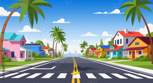 Cartoon illustration of a sunny suburban street with colorful houses, palm trees, and a clear sky, f