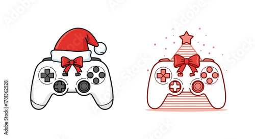 Festive gaming controllers with santa hat and holiday decorations in fun cartoon style
