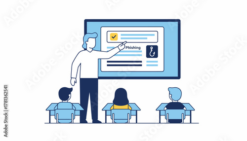 A teacher in a classroom using an interactive board to show students the importance of identifying phishing emails through examples.