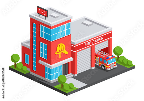 Isometric 3D illustration of a fire station building with a fire truck parked outside, representing emergency services and public safety infrastructure