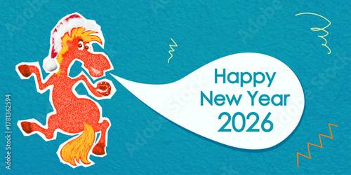 A modern halftone collage in a pop art style. A playful red fire horse symbolizes the Chinese New Year 2026. The speech bubble is set against a turquoise background. Perfect for greetings, holidays, a