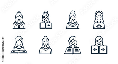Outline icons of women reading and wearing tiaras in minimalist style