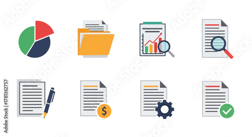 Business and data icons: charts, files, and documents with modern flat design