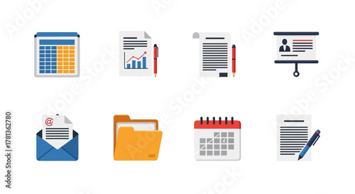 Colorful office icons set for business and organization needs