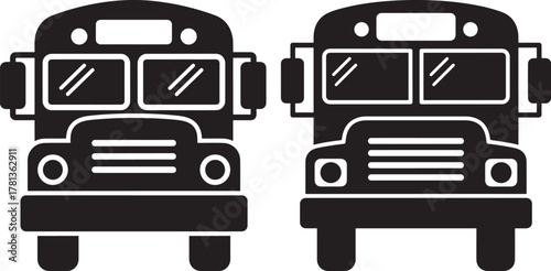 Two identical black school bus fronts facing forward silhouette