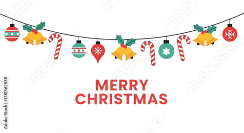 Festive merry christmas garland with ornaments bells candy canes and holly on white background
