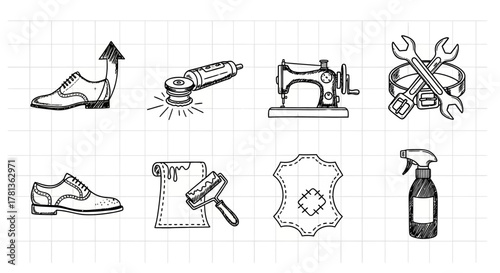 Hand drawn sketch of shoe repair tools and equipment icons