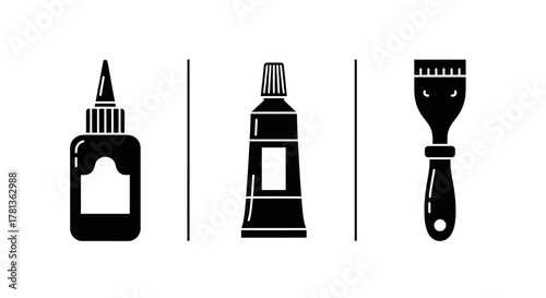 Silhouette art supplies: glue bottle, paint tube, and spatula icons on white