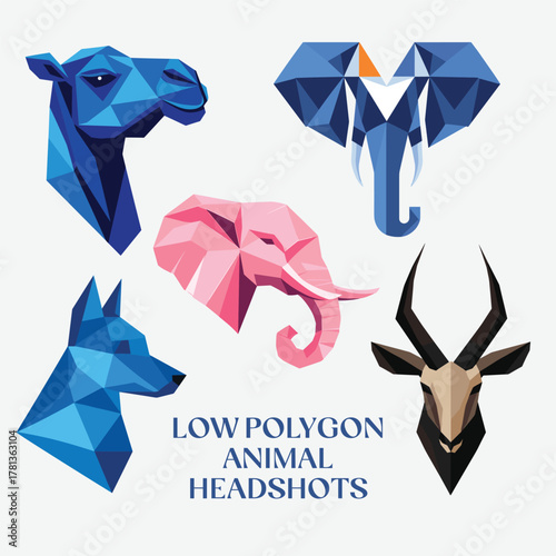 Low Polygon Animal Headshots, Geometric face set of a camel, dog, elephant, deer, animal vector art, wild origami illustration 