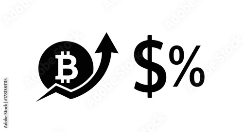 Cryptocurrency growth symbol with bitcoin arrow and dollar percent icons