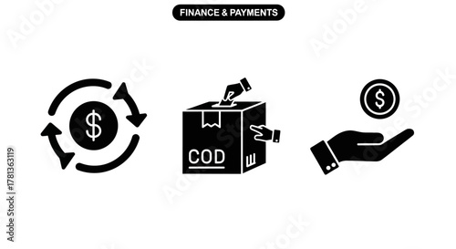 Finance and payments icons featuring dollar sign, cash on delivery, and money exchange illustrations