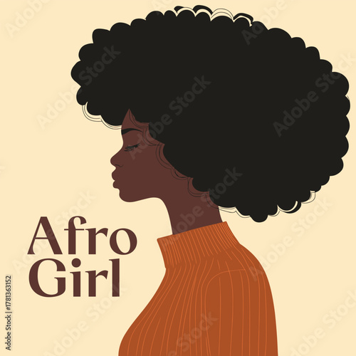 Portrait of a black African girl. African woman in a sideways pose, Afro Girl emphasizing elegance in a minimalist style. Vector flat illustration