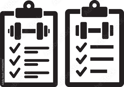 Two clipboards displaying workout plans with dumbbells and checkmarks silhouette