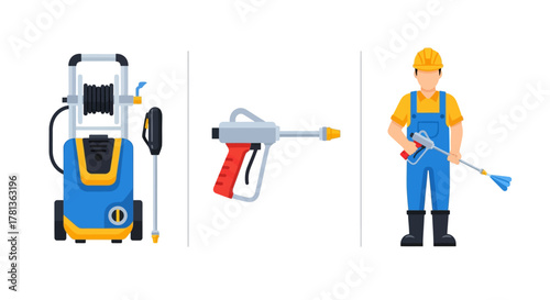 Pressure washer equipment and technician in flat design for cleaning services