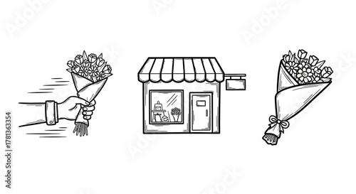Floral delivery and shop icon set in hand drawn style