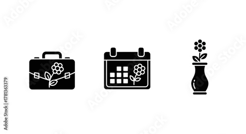 Floral icons: briefcase, calendar, vase in minimalist style