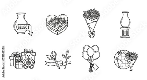 Charming floral and gift elements in linear black and white style