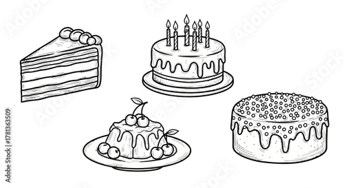 Hand drawn festive cakes and desserts with candle decorations