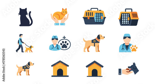 Pet care icons: cats, dogs, vets, and accessories in flat style