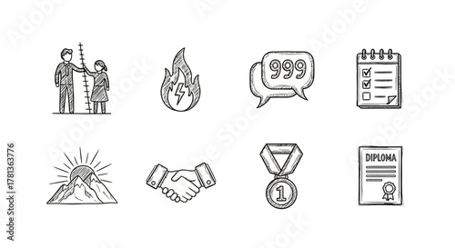 Hand drawn icon set featuring education, cooperation, and achievement symbols