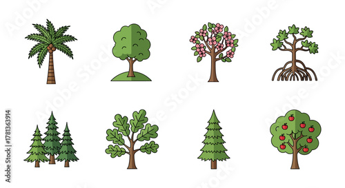 Colorful cartoon trees collection: variety of tree styles and types