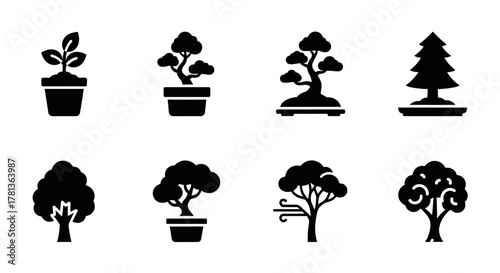 Silhouette icons of potted plants and trees: minimalist nature collection