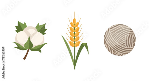 Minimalist agriculture icons featuring cotton, wheat, and yarn