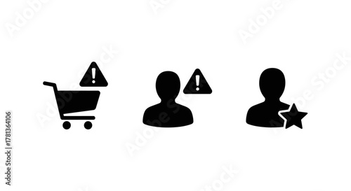 Silhouette shopping cart and user icons with alert and rating symbols