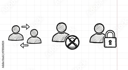 Hand-drawn communication access and security icons on grid background