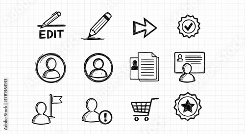 Hand drawn sketch business icons set with grid background for digital use