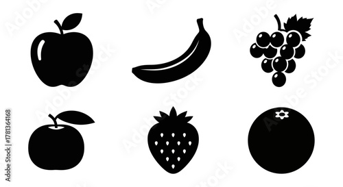 Set of black silhouette fruits on white background