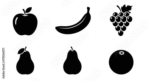 Minimalist fruit icons: apple, banana, grapes, pear, berry in black silhouette style