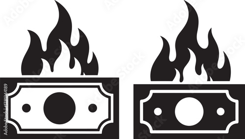 Two black silhouette icons of money bills on fire against a white background