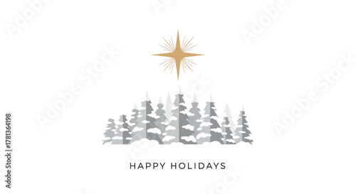 Stylized winter forest scene with a golden star above and happy holidays text below