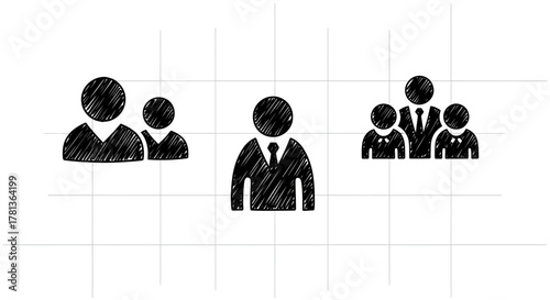 Set of sketched business team icons with grid background