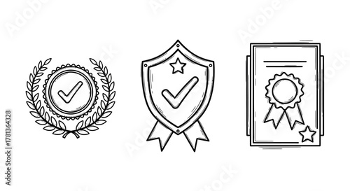 Hand-drawn quality assurance icons featuring shield, badge, and certificate