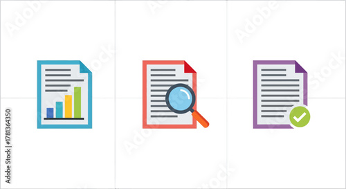 Colorful document icons with graph, magnifying glass, and check mark