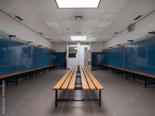 Billede på lærred Centered perspective of athletic facility changing room with benches lockers and